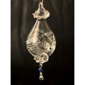 Hand Blown Clear Etched Glass Ornaments‎ XMAS Dangling Blue & Prism 9"x 3" Lot 2